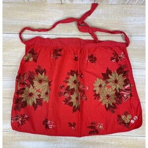 VTG 1960's Christmas Festive Red Hostess 1/2 Apron W/ Gold Poinsettias & Holly